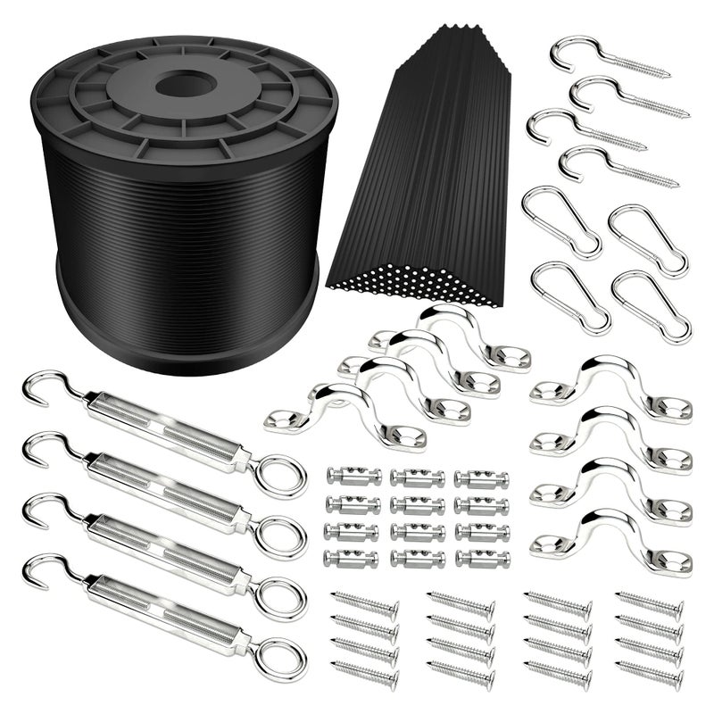 YQL Outdoor String Lights Hanging Kit,Globe String Lights Suspension Kit,164ft Black Vinyl-Coated 304 Stainless Steel Cable,String Light Guide Wire,Hook & Eye Turnbuckle Wire Rope Tension - Image 1